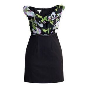 Dressbarn Women Size 16 Floral Ruffle Neck Sheath Dress Belted Kick Slit